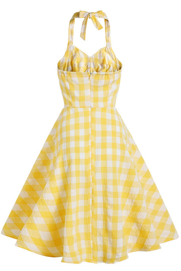 Vestido amarelo plaid halter 1950